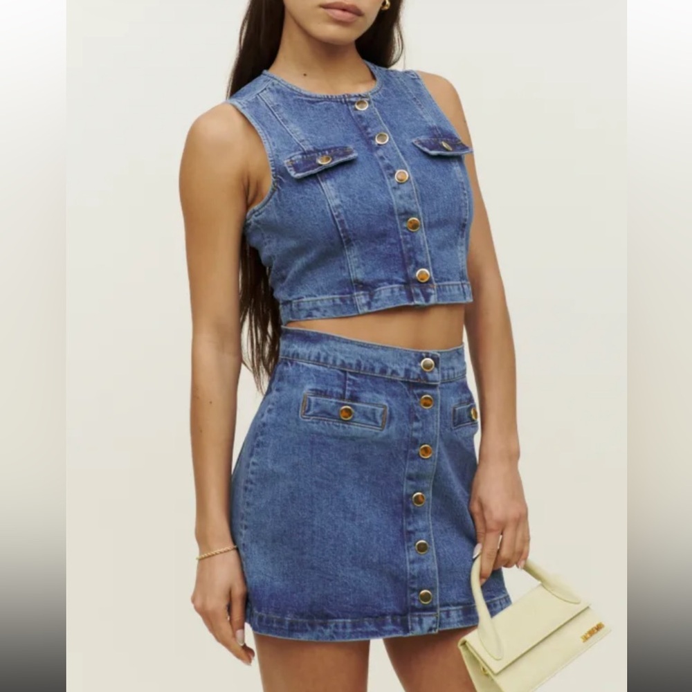 Reformation Light Blue Denim Jean Set with Skirt and vest.